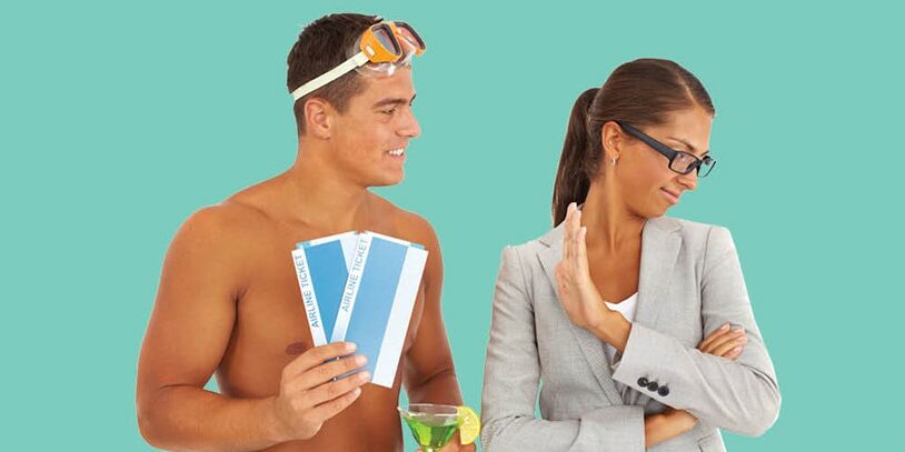 Opposites attract but can love conquer all A Couple: Husband wanting a vacation as wife in a power suit turns away.